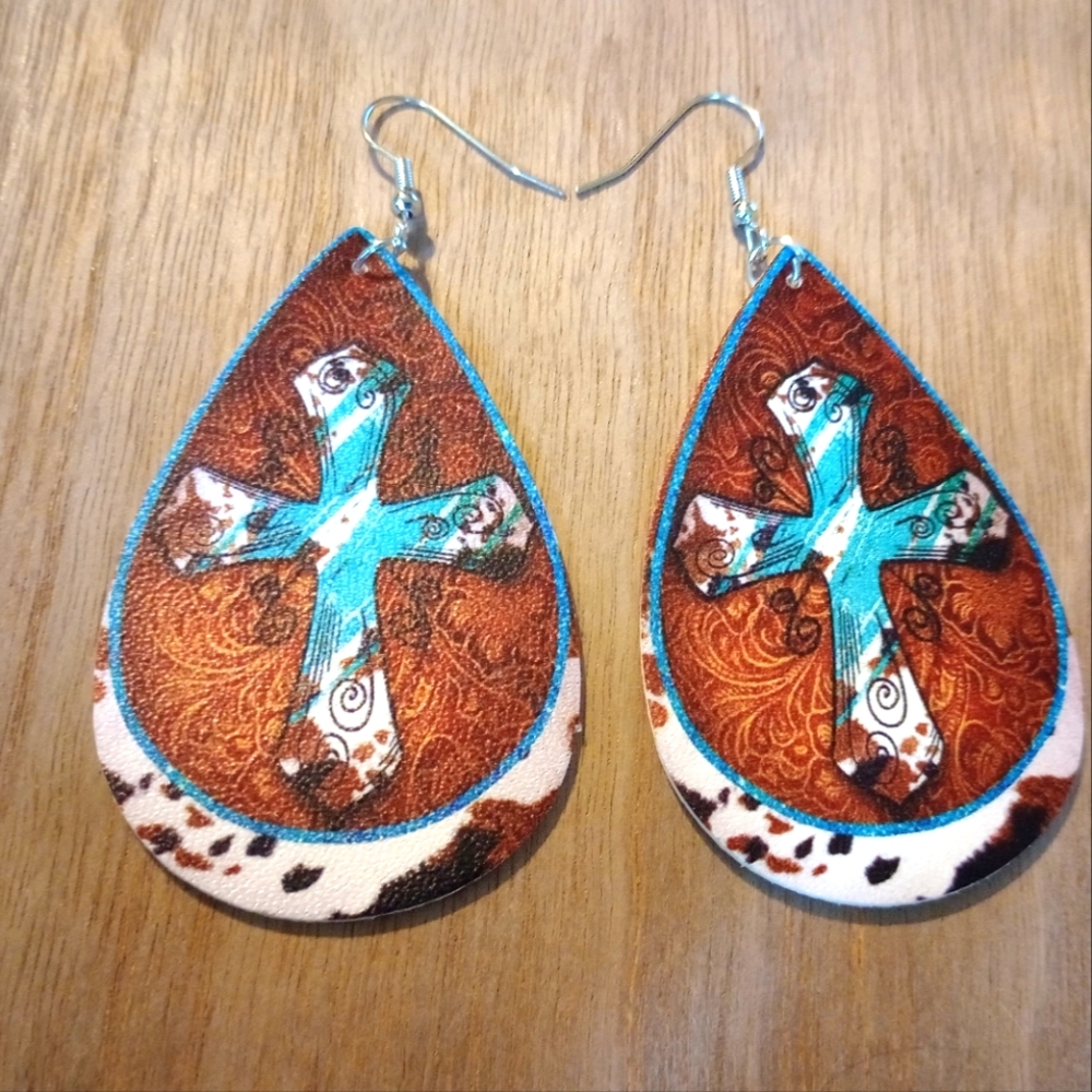 Western style cross tear drop earrings